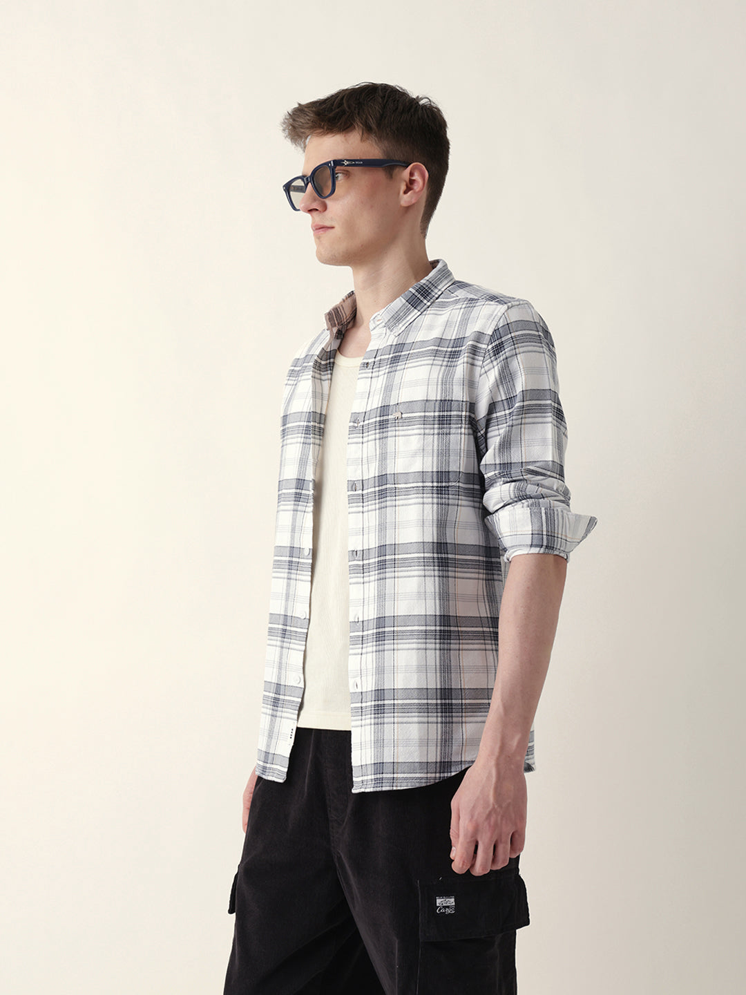 White Woven Checked Slim Fit Casual Shirt