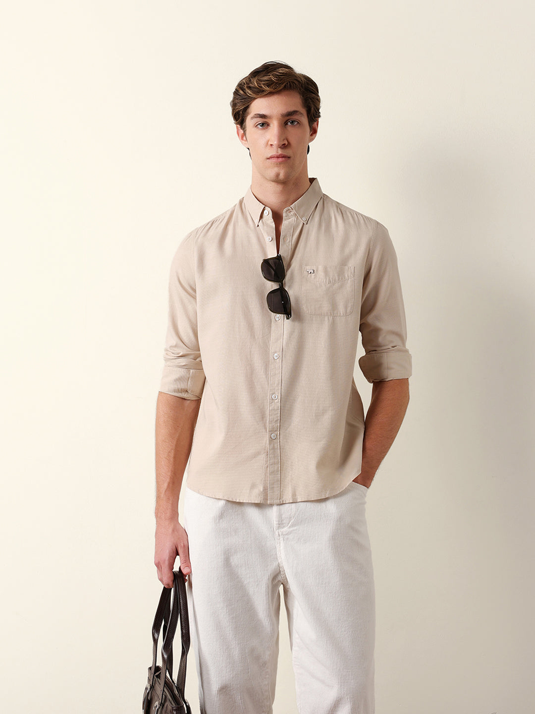 Beige Woven Textured Solid Slim Fit Casual Shirt