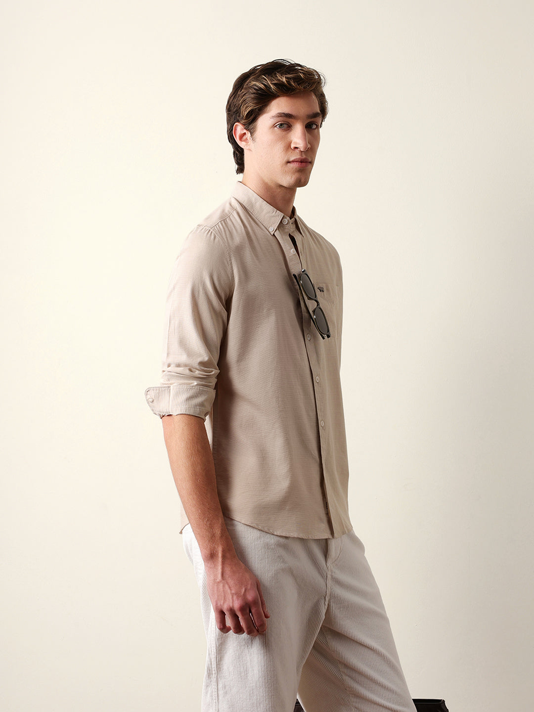 Beige Woven Textured Solid Slim Fit Casual Shirt