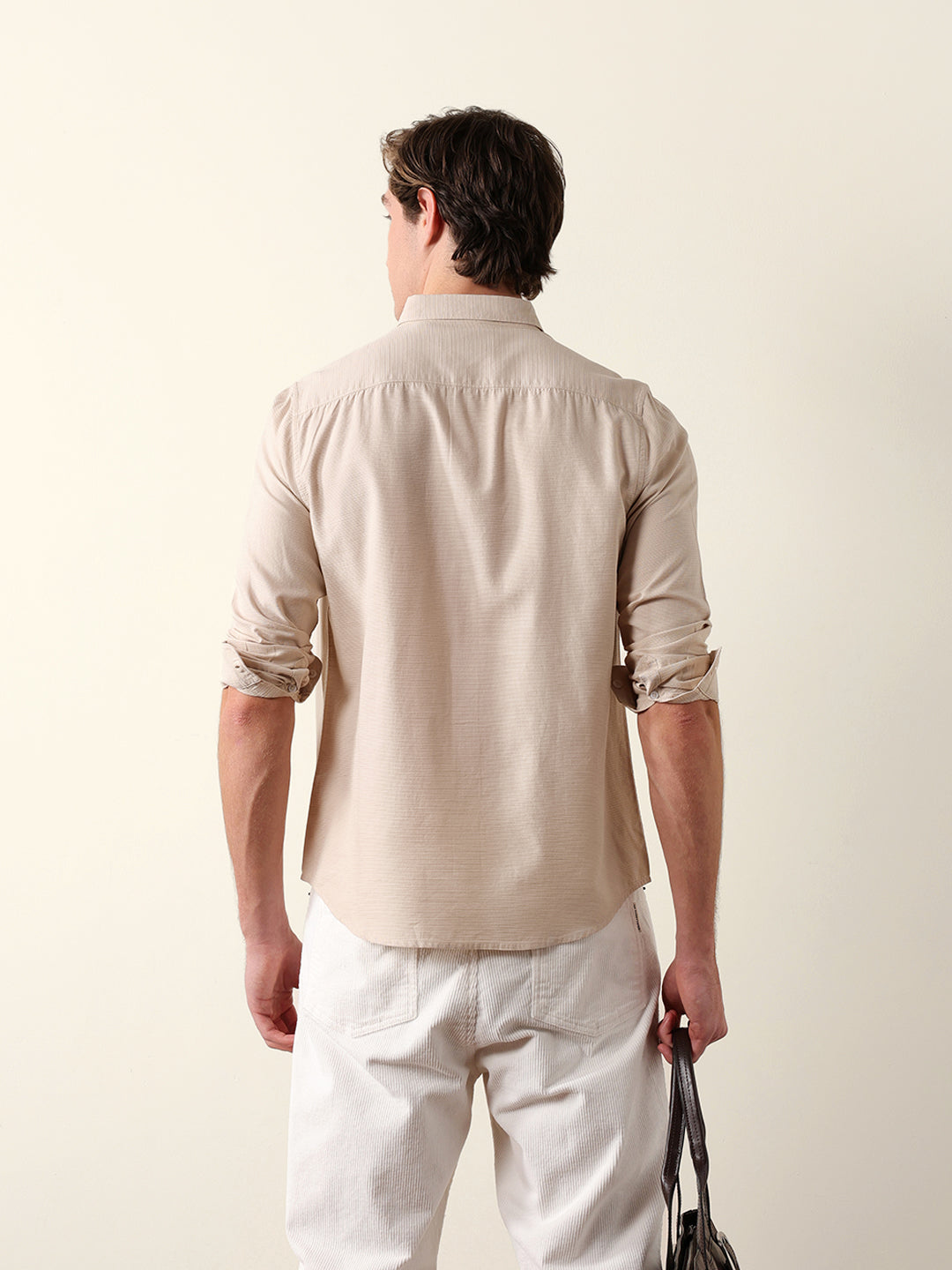 Beige Woven Textured Solid Slim Fit Casual Shirt