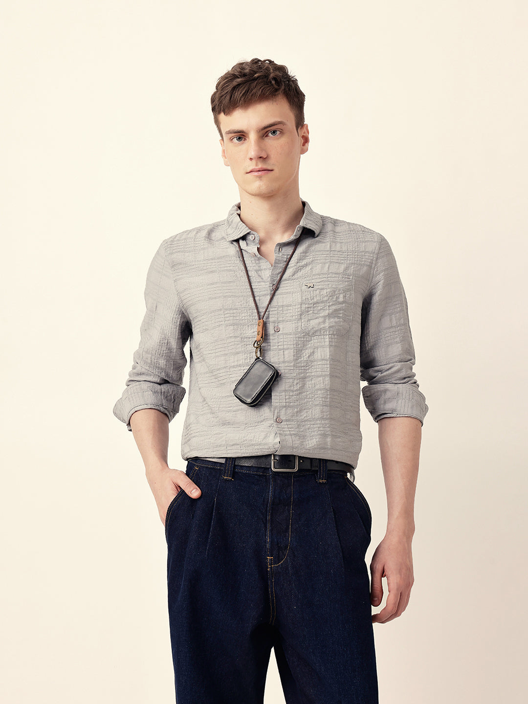 Grey Slim Fit Casual Shirt with Woven Textured Check Design