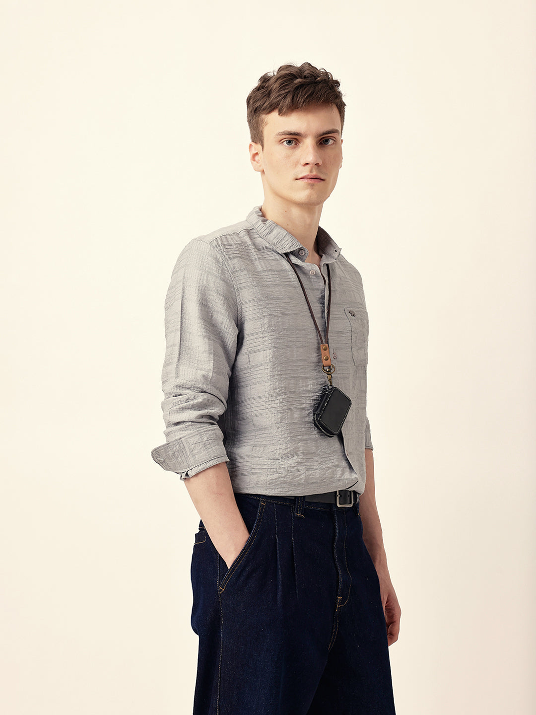 Grey Slim Fit Casual Shirt with Woven Textured Check Design