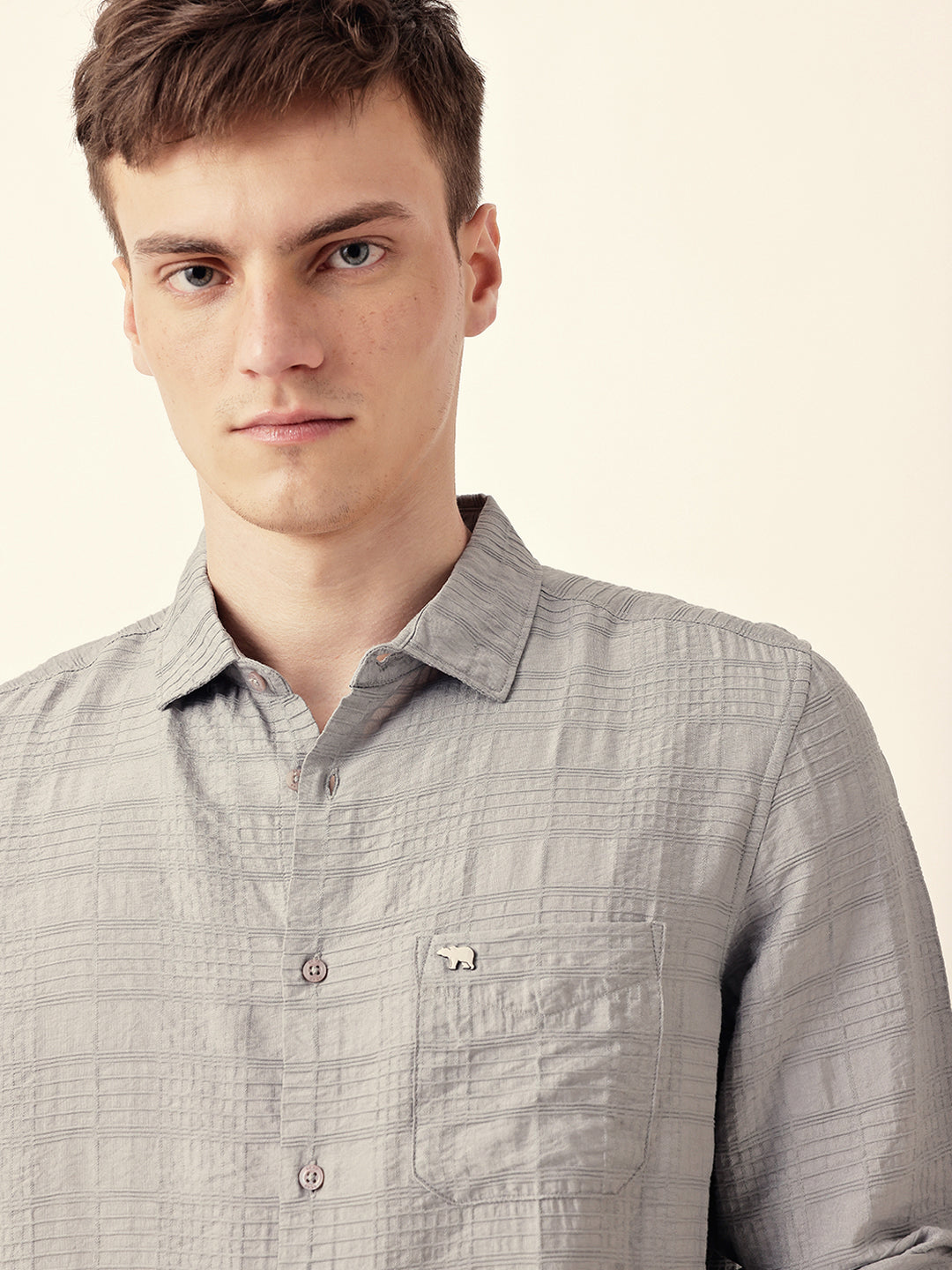 Grey Slim Fit Casual Shirt with Woven Textured Check Design