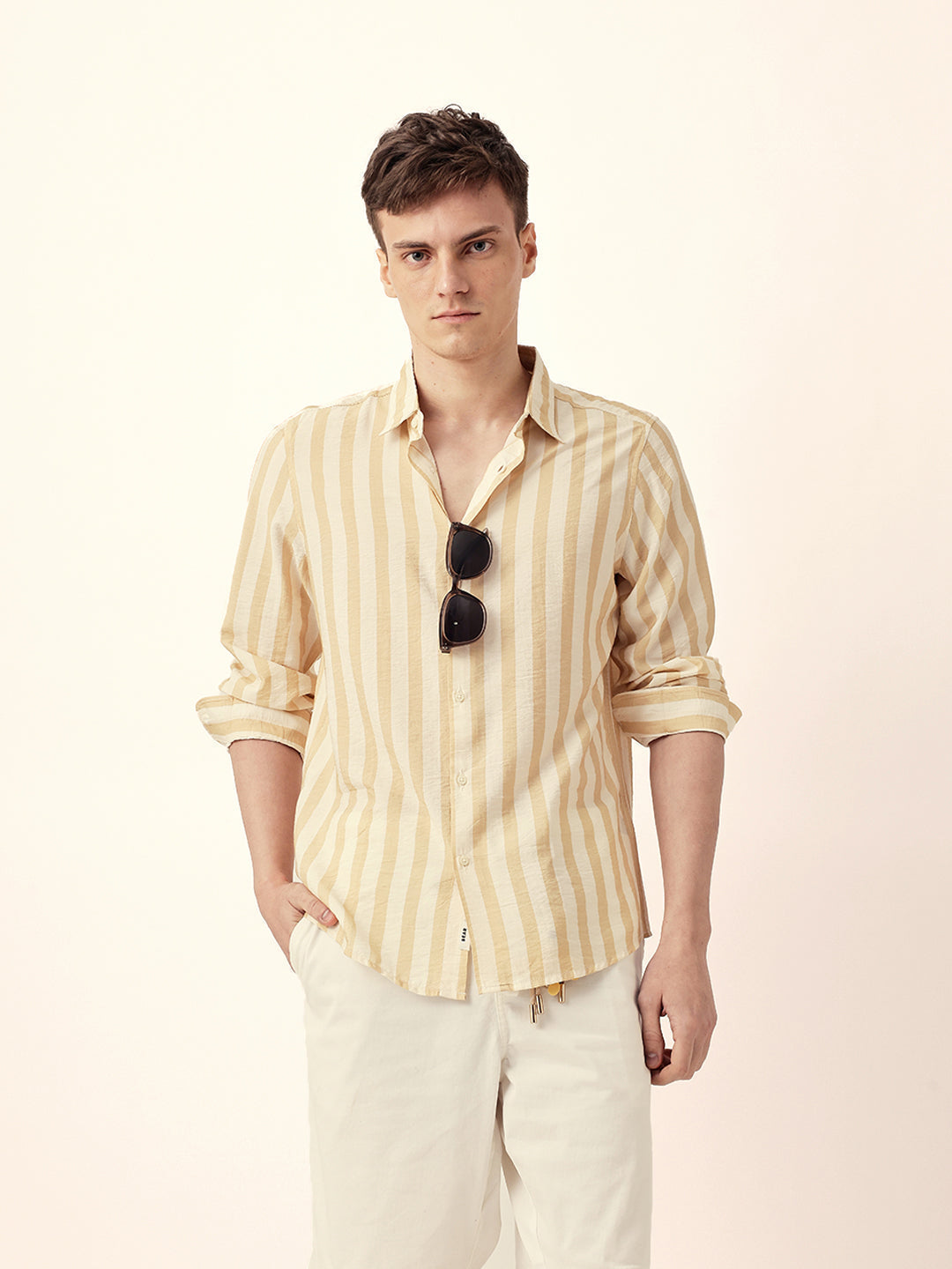 Yellow & Off-White Vertical Stripe Regular Fit Casual Shirt