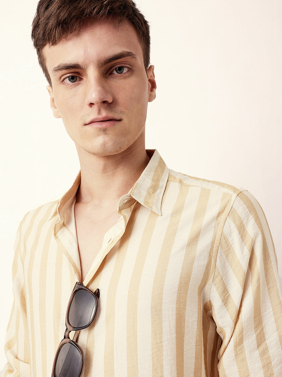 Yellow & Off-White Vertical Stripe Regular Fit Casual Shirt