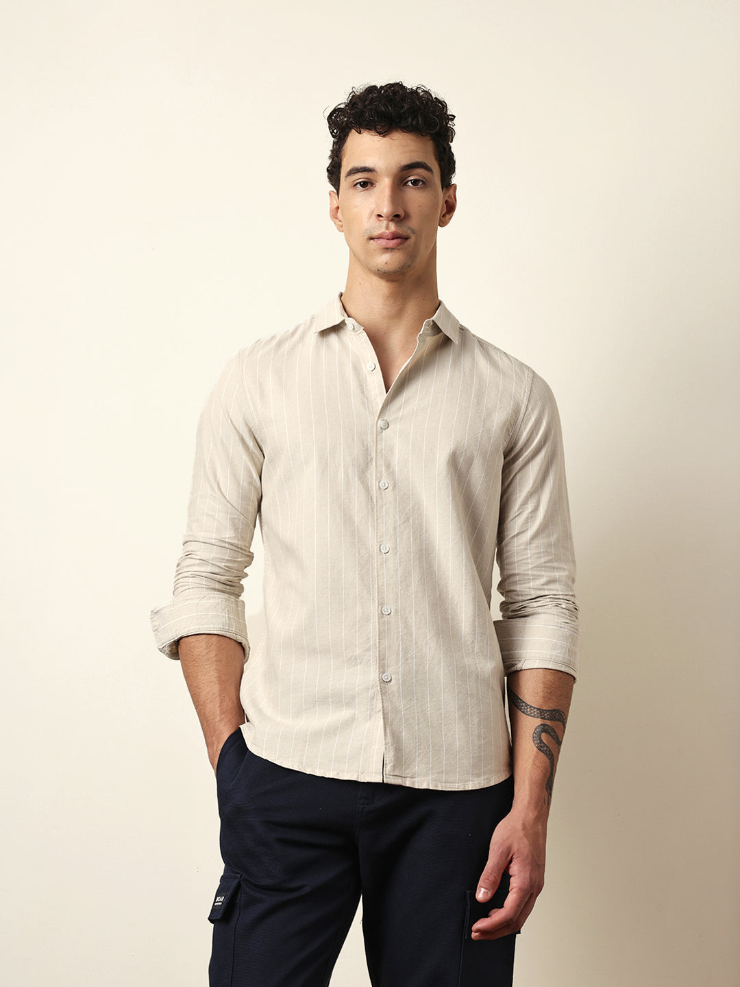 Beige Vertical Woven Stripe Slim Fit Casual Shirt