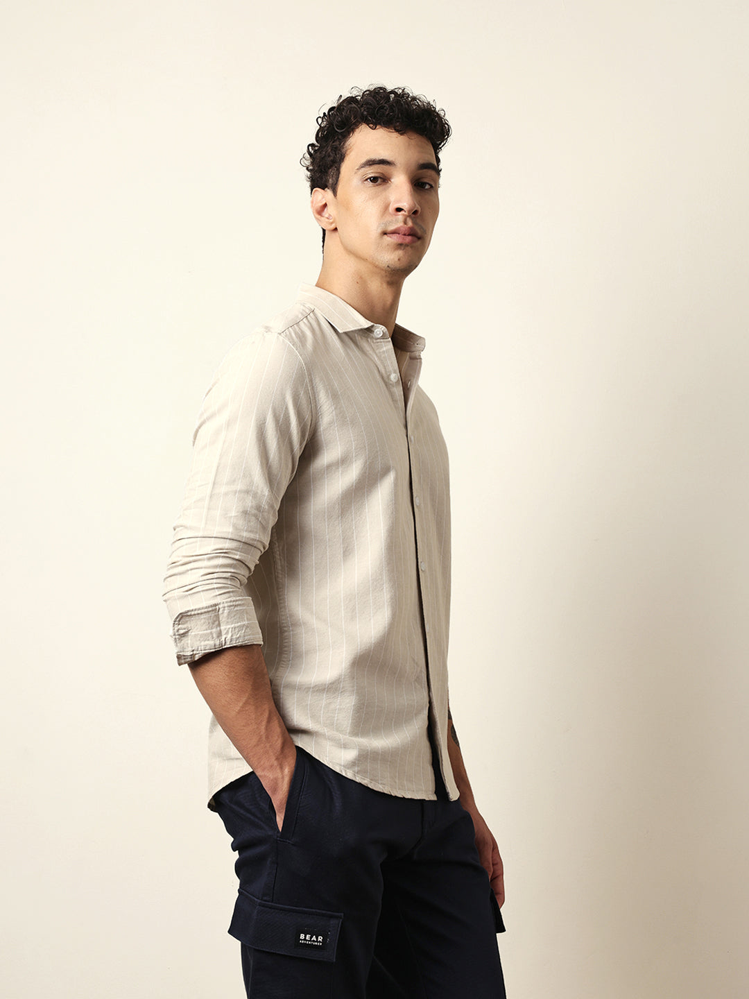 Beige Vertical Woven Stripe Slim Fit Casual Shirt