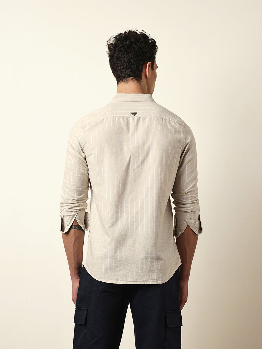 Beige Vertical Woven Stripe Slim Fit Casual Shirt