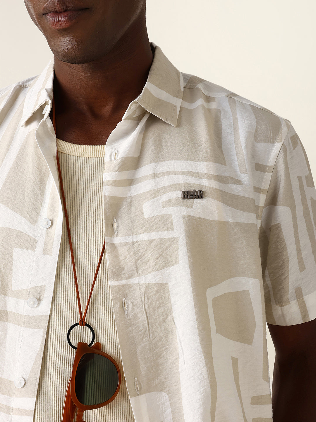 White & Beige Relaxed Fit Abstract Stroke Print Half Sleeve Casual Shirt