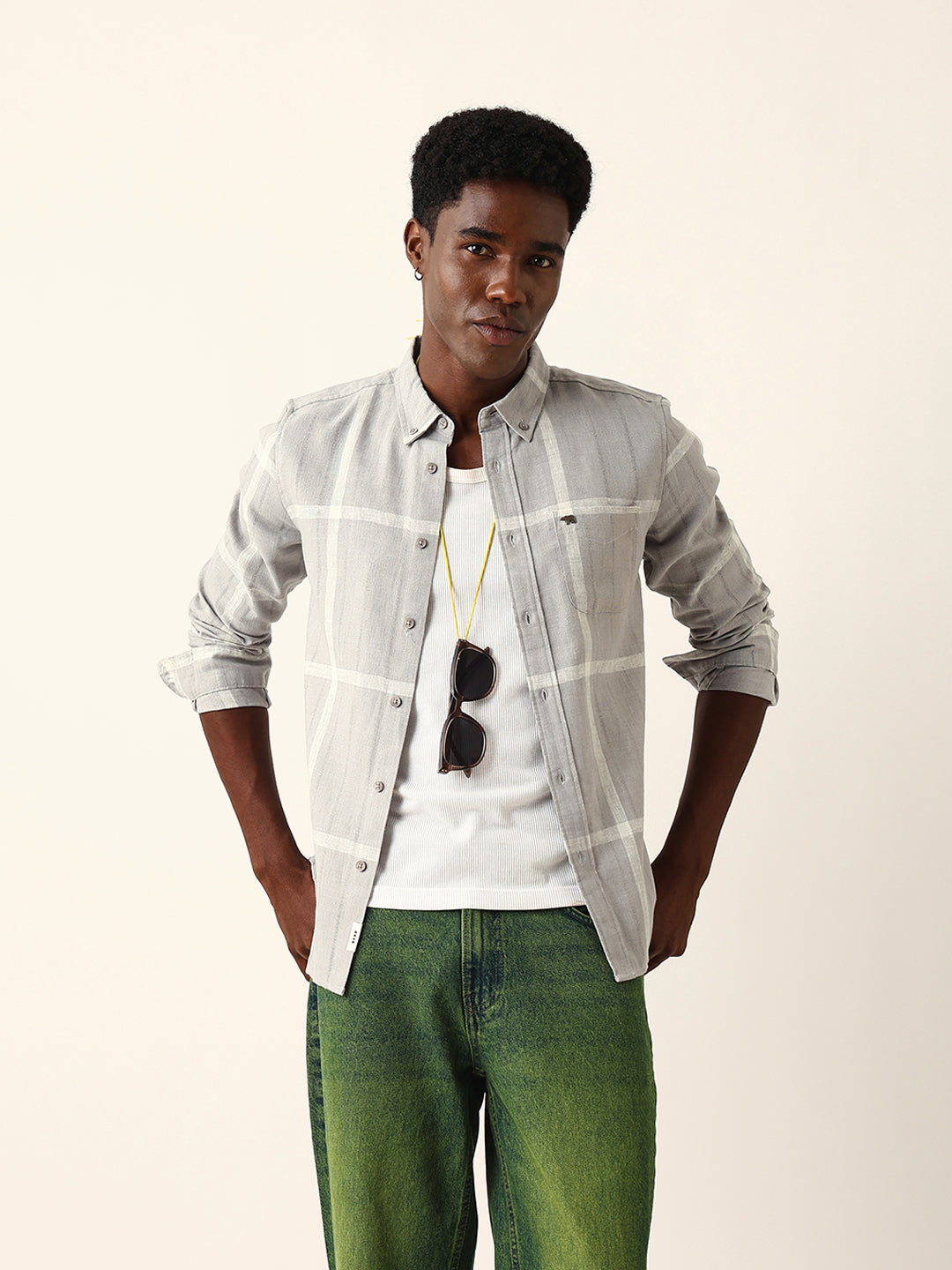 Grey & White Woven Checked Slim Fit Casual Shirt with Button-Down Collar
