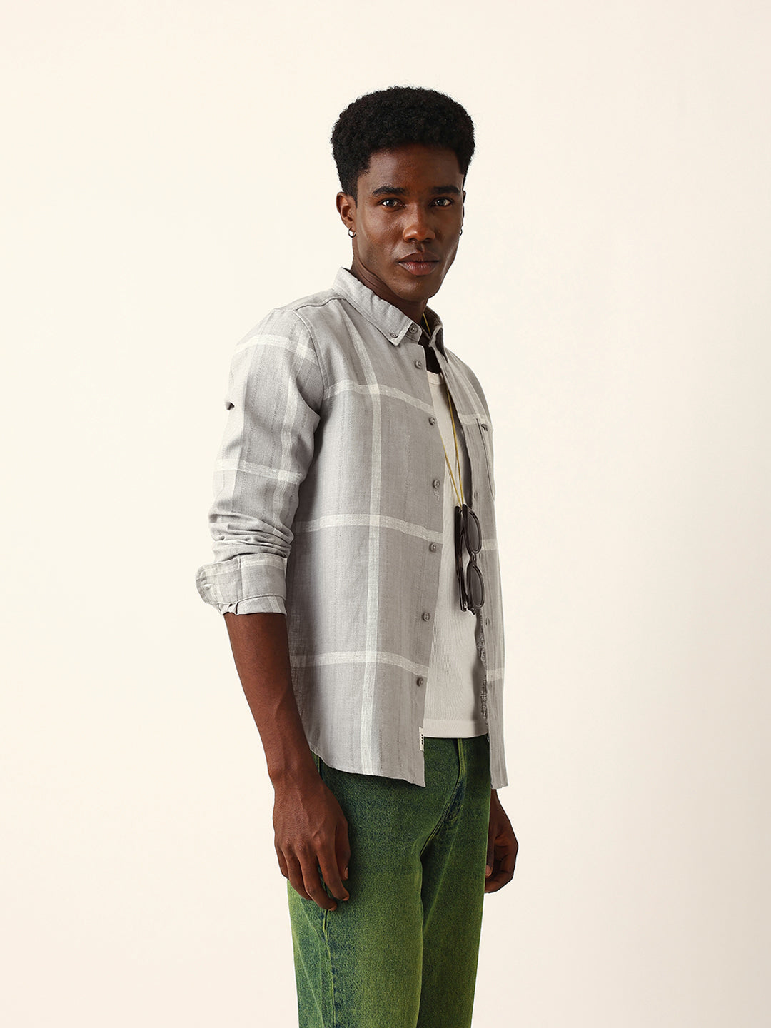 Grey & White Woven Checked Slim Fit Casual Shirt with Button-Down Collar