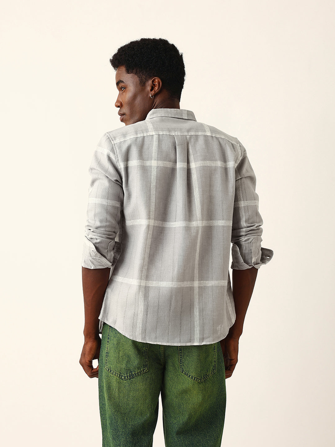 Grey & White Woven Checked Slim Fit Casual Shirt with Button-Down Collar