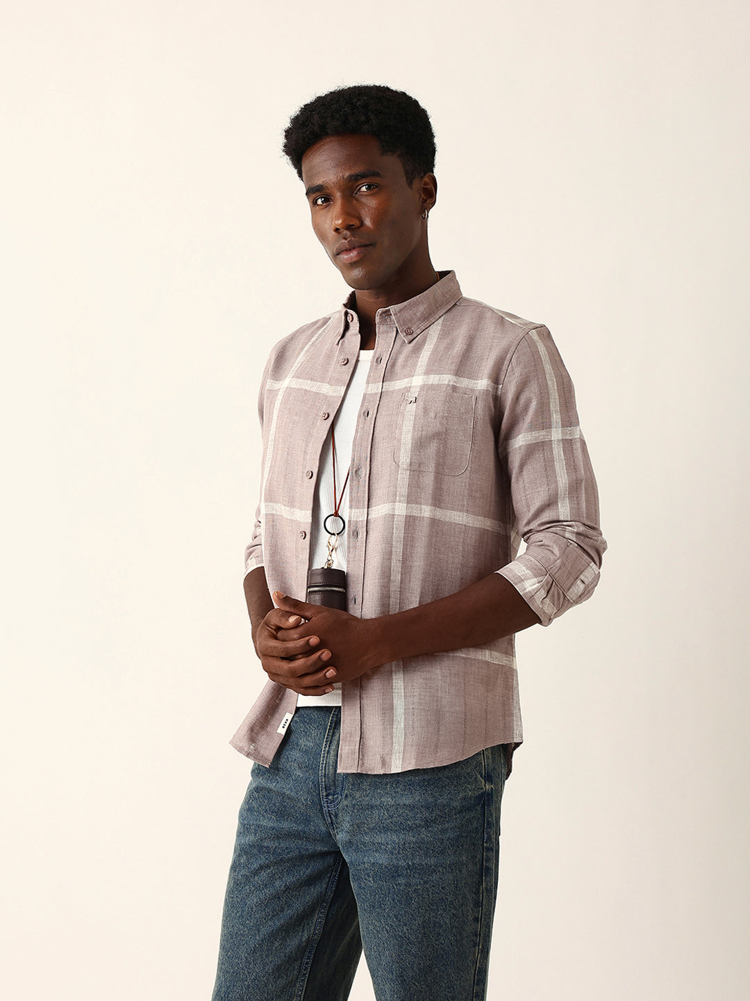 Mauve brown & Beige Woven Checked Slim Fit Casual Shirt with Button-Down Collar
