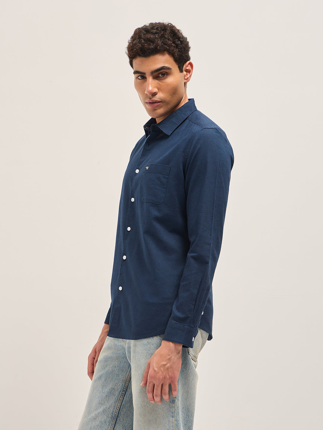 Blue Cotton Linen Slim Fit Solid Casual Shirt