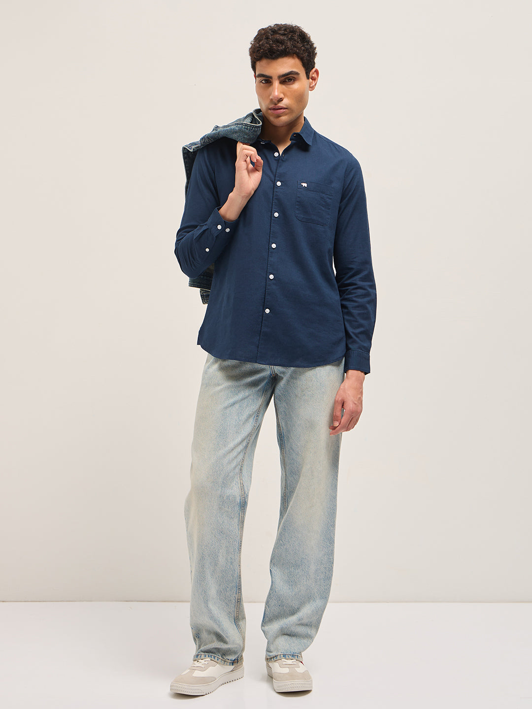 Blue Cotton Linen Slim Fit Solid Casual Shirt