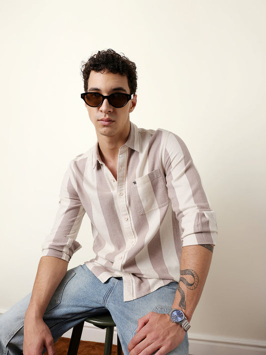 Rust & Cream Vertical Stripe Regular Fit Casual Shirt
