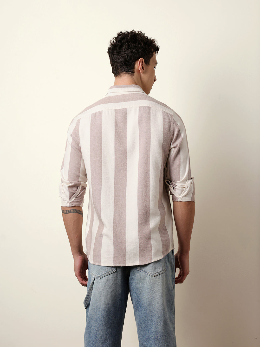 Rust & Cream Vertical Stripe Regular Fit Casual Shirt