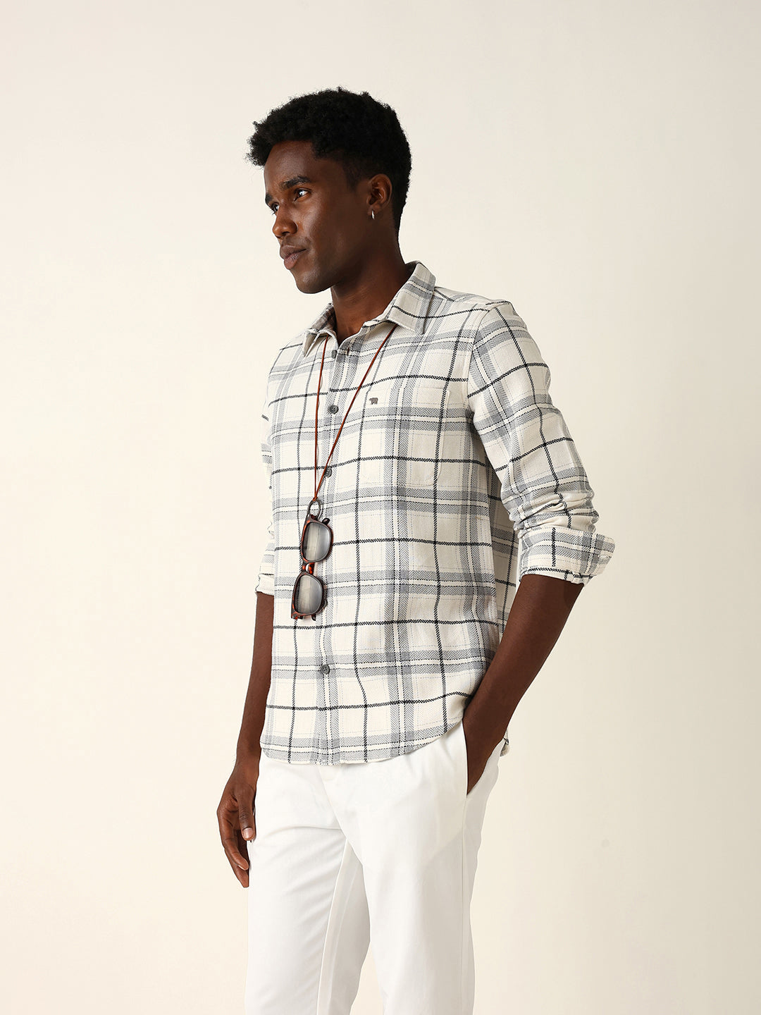 White & Grey Herringbone Flannel Checked Regular Fit Casual Shirt