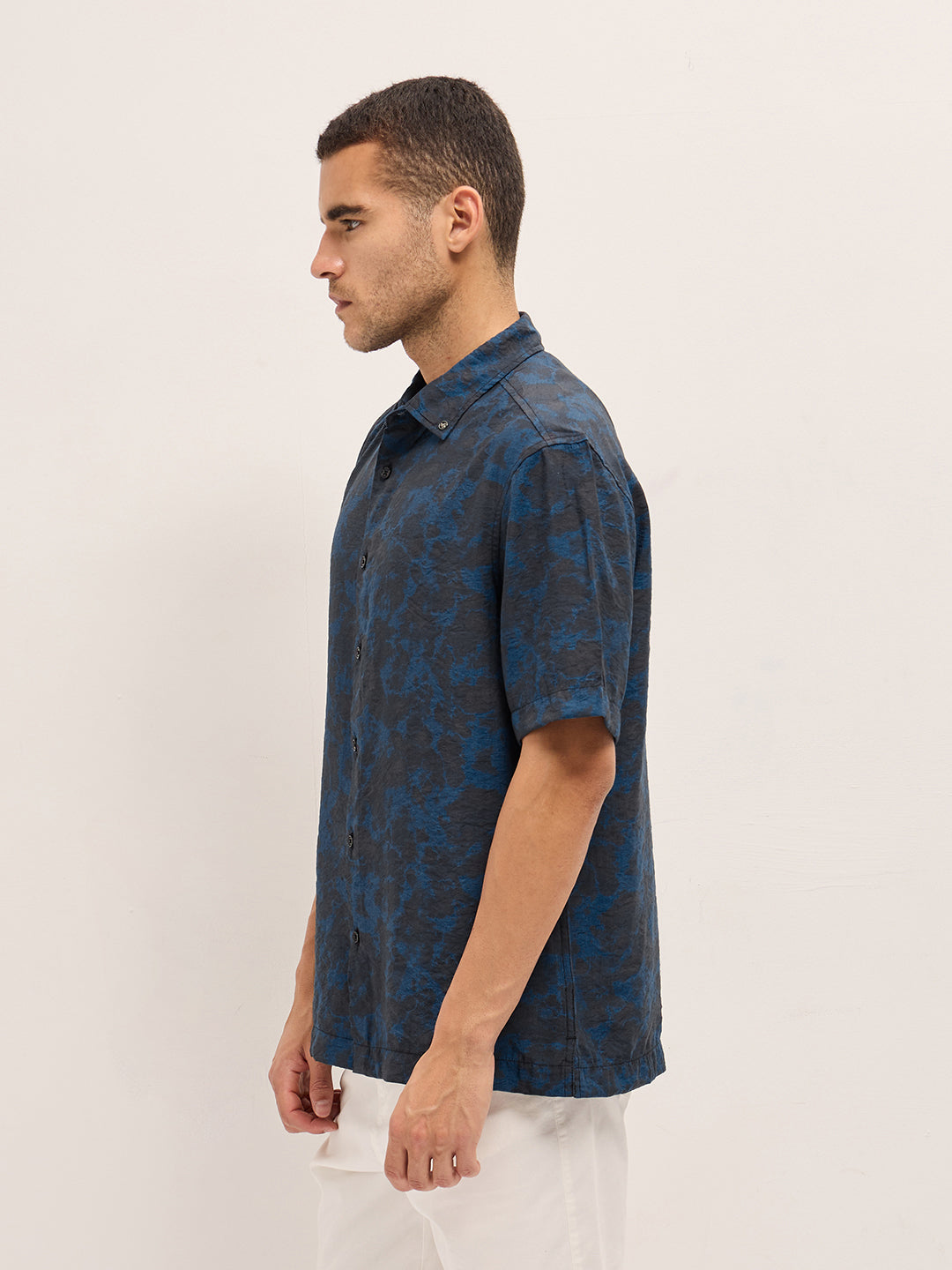 Dark Blue Abstract Digital Print Relax Fit Casual Shirt