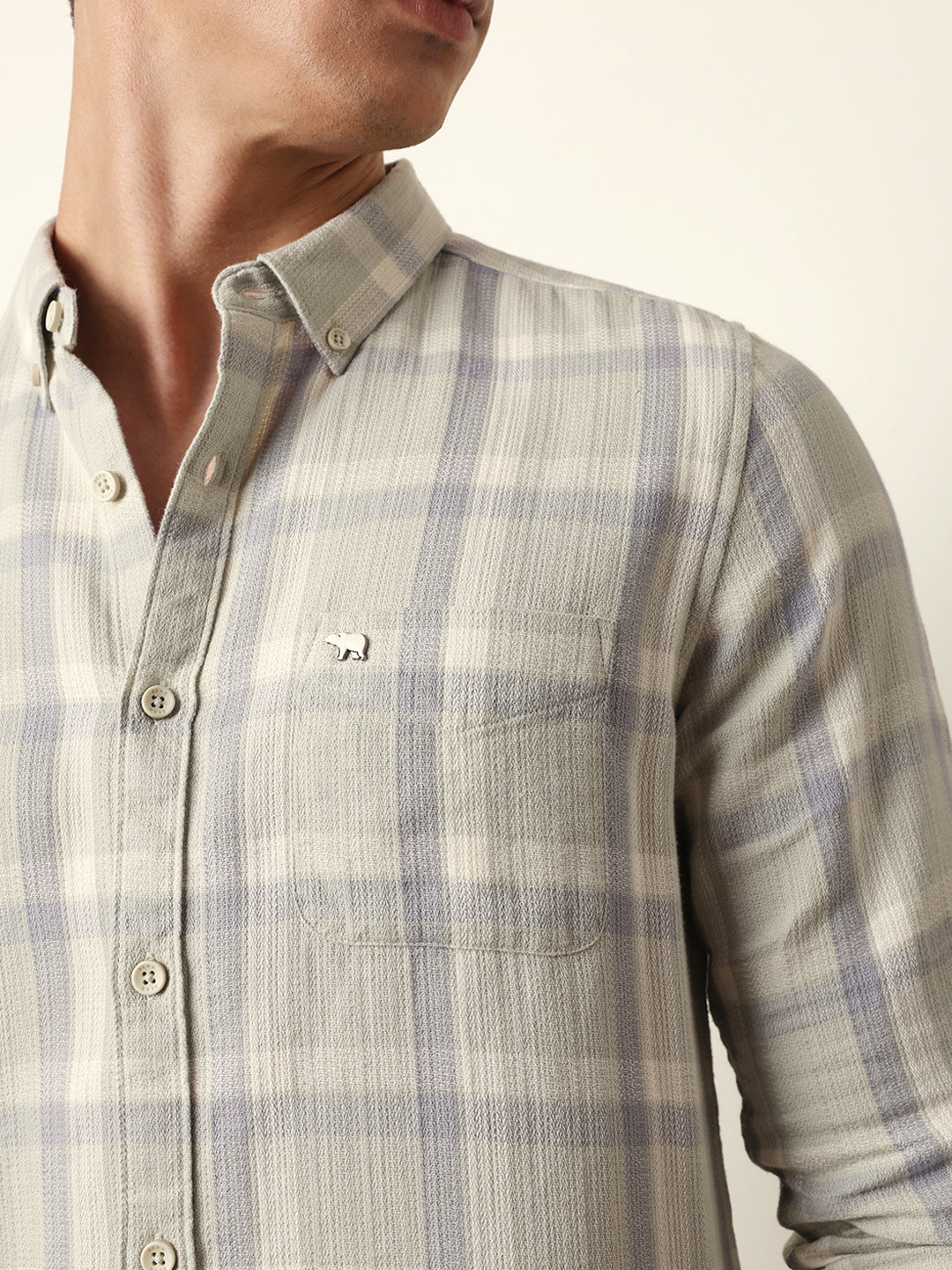 Light Green Textured Woven Check Slim Fit Casual Shirt
