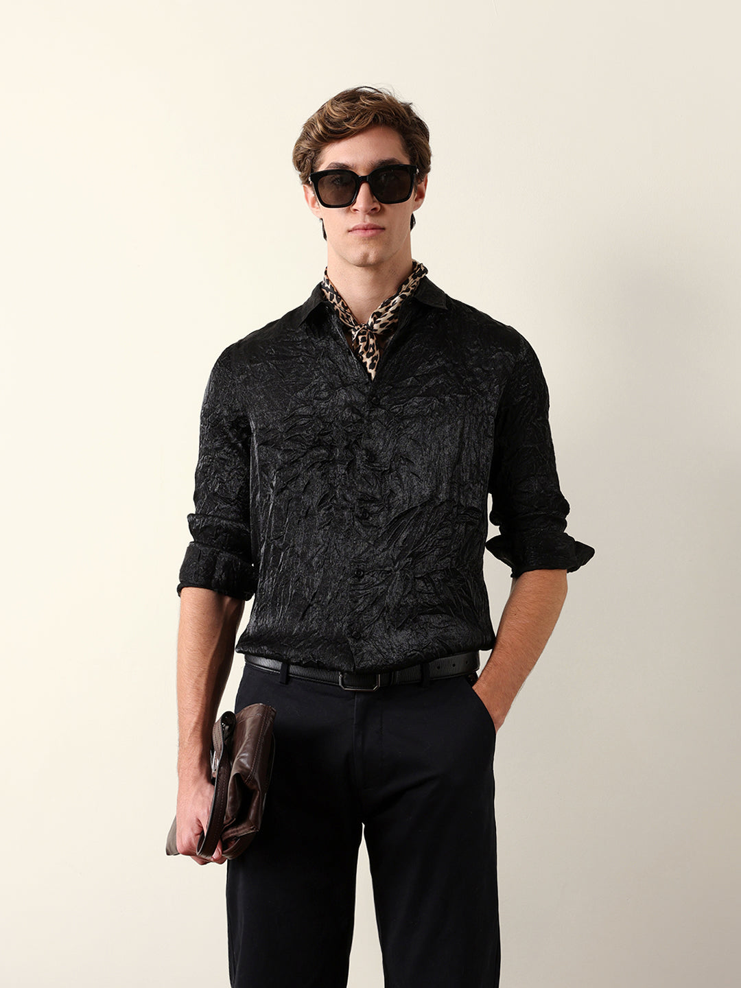 Black Regular Fit Casual Shirt with Crinkle Effect & Subtle Sheen Finish
