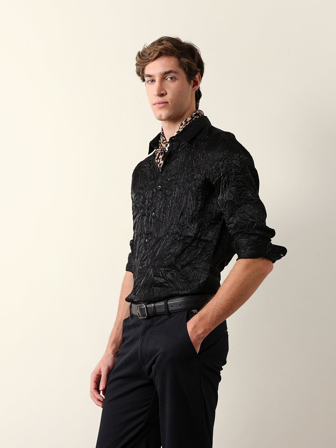 Black Regular Fit Casual Shirt with Crinkle Effect & Subtle Sheen Finish