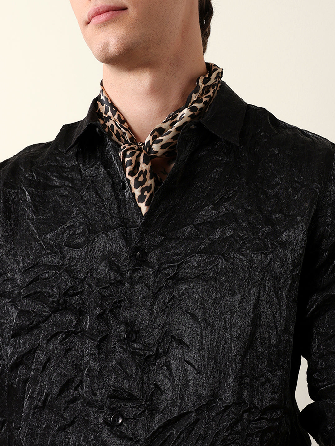 Black Regular Fit Casual Shirt with Crinkle Effect & Subtle Sheen Finish