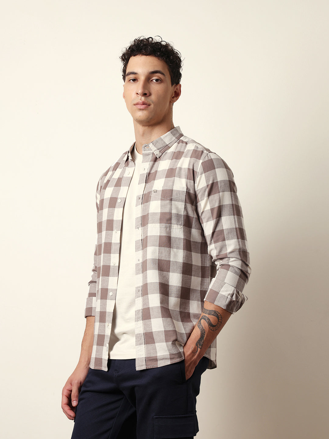 Brown with Cream Woven Checks Slim Fit Casual Shirt