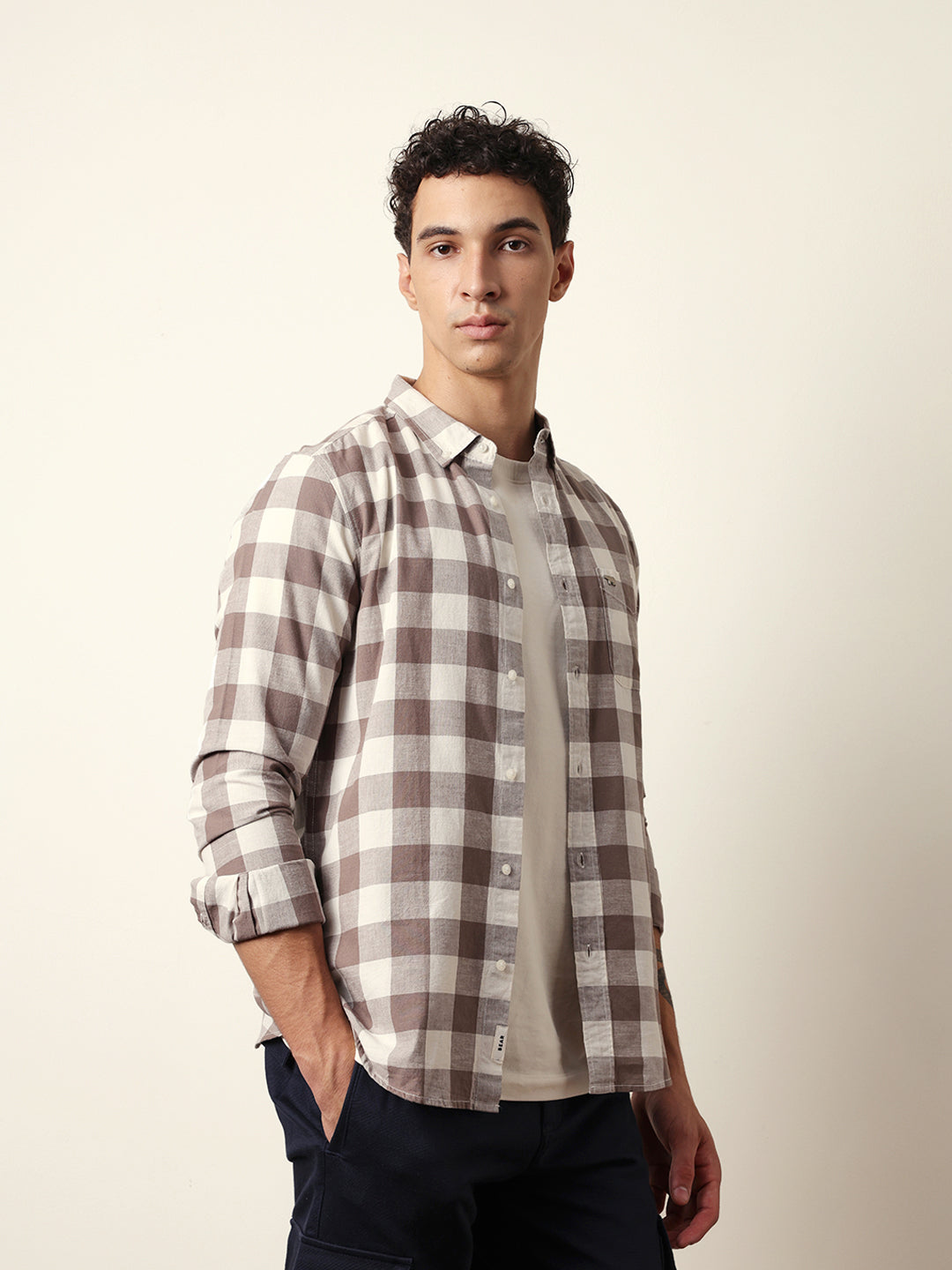 Brown with Cream Woven Checks Slim Fit Casual Shirt