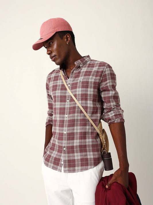Maroon & Cream Woven Checked Slim Fit Casual Shirt
