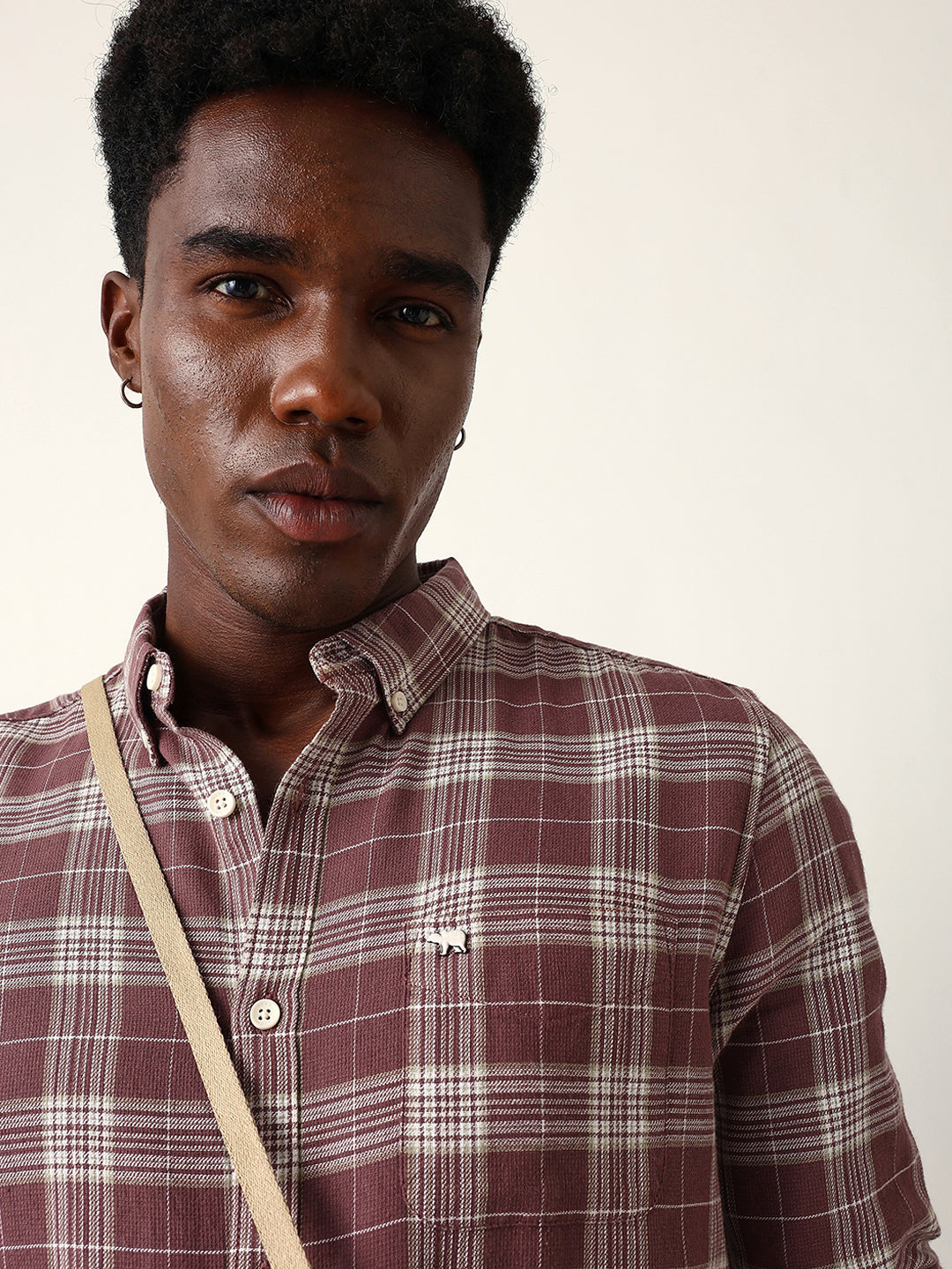 Maroon & Cream Woven Checked Slim Fit Casual Shirt