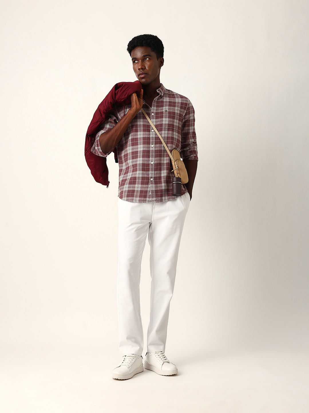 Maroon & Cream Woven Checked Slim Fit Casual Shirt