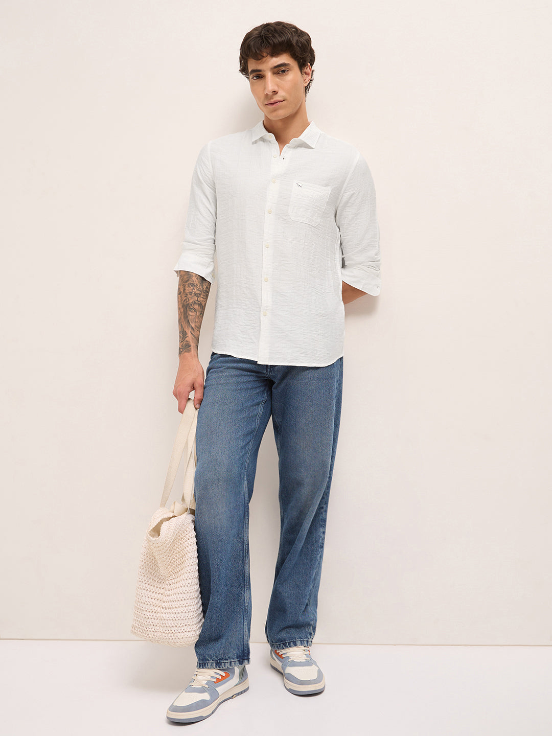 White Slim Fit Casual Shirt with Woven Textured Check Design