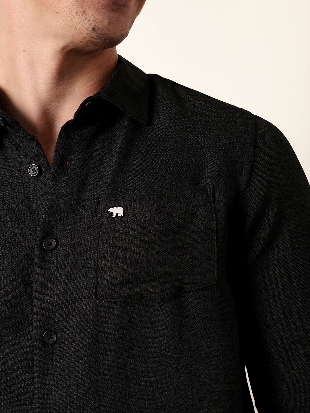 Black Woven Solid Slim Fit Casual Shirt