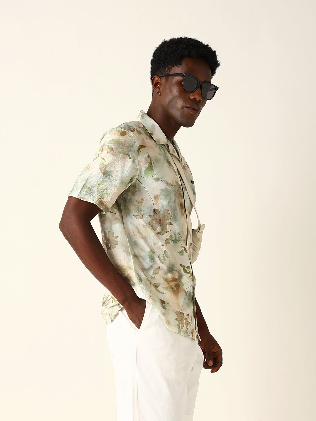 Pastel Green Watercolor Floral Printed Relaxed Fit Short Sleeve Shirt