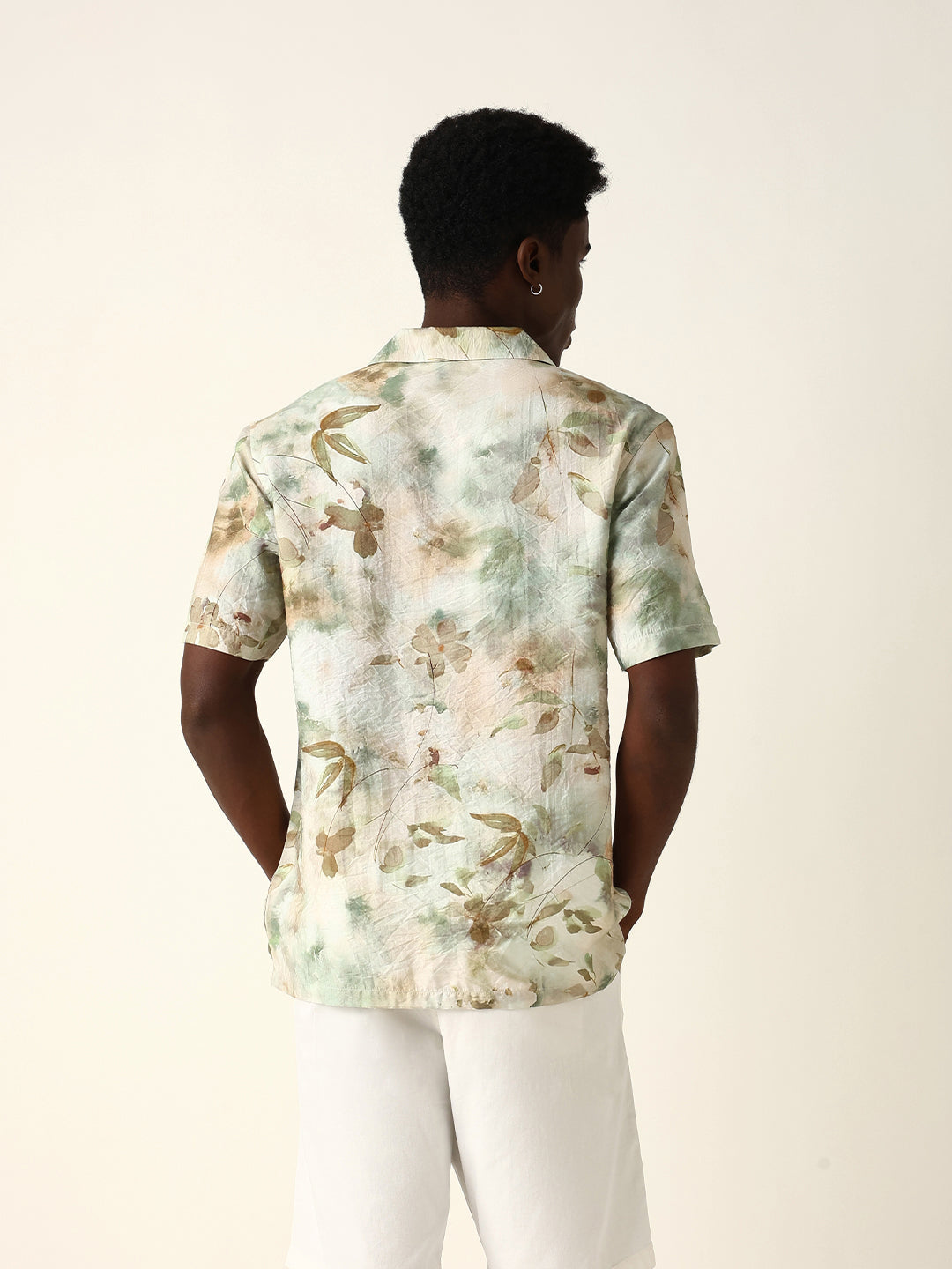 Pastel Green Watercolor Floral Printed Relaxed Fit Short Sleeve Shirt