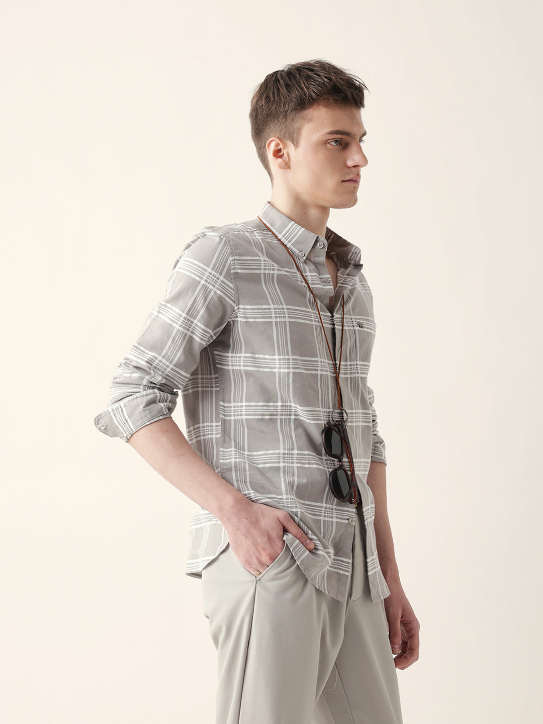 Grey with White Woven Checked Slim Fit Casual Shirt