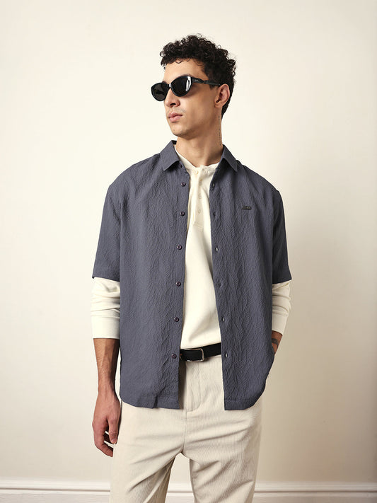 Grey All-Over Textured Leaf Motif Oversized Shirt with Half Sleeves