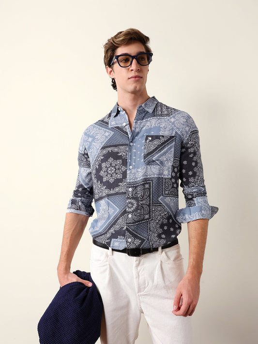 Blue Paisley Patchwork Printed Slim Fit Casual Shirt
