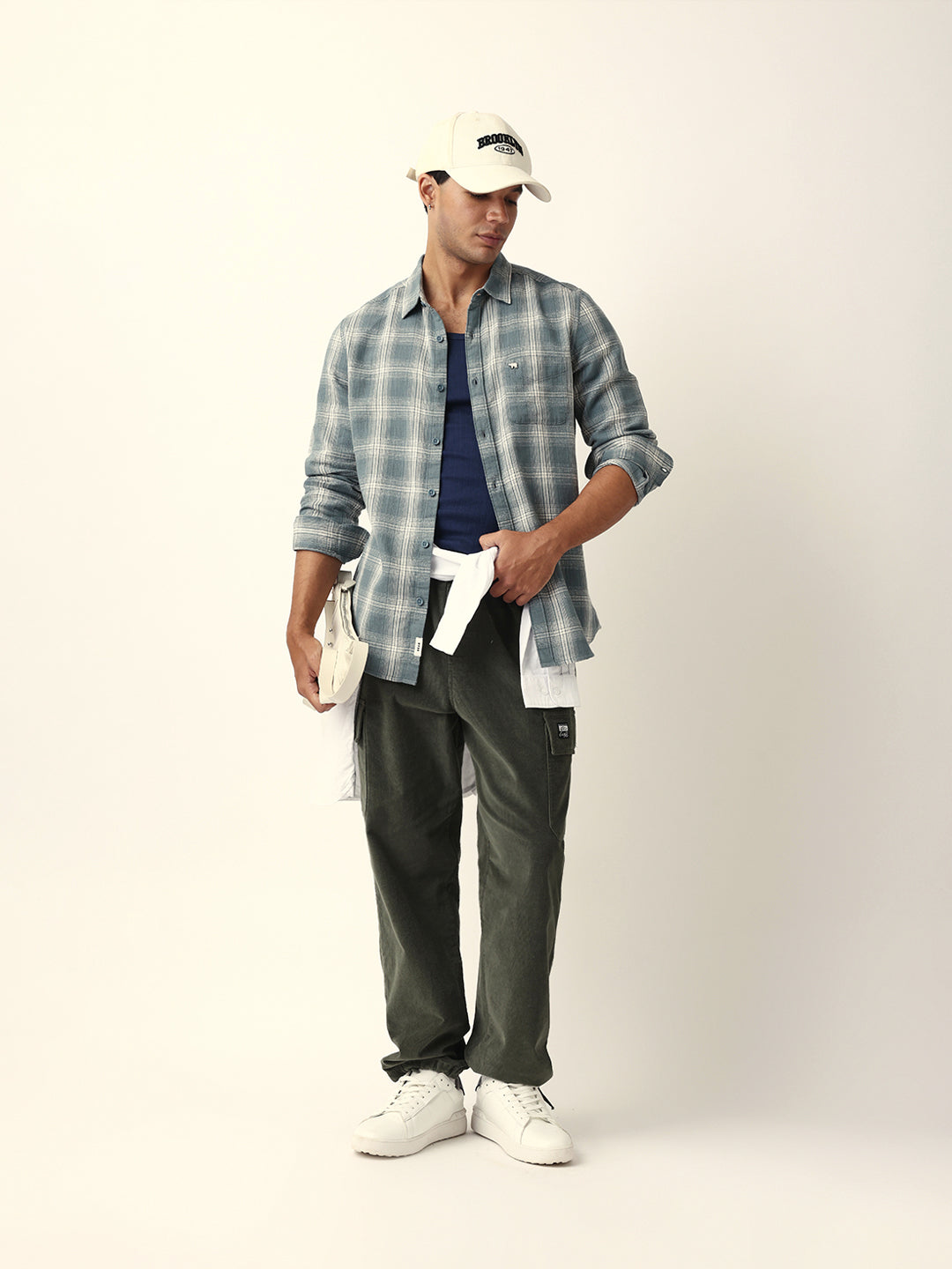 Teal Woven Checkered Slim Fit Casual Shirt