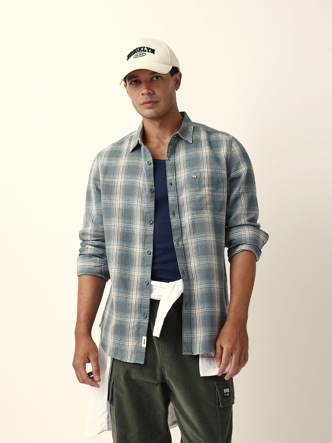 Teal Woven Checkered Slim Fit Casual Shirt