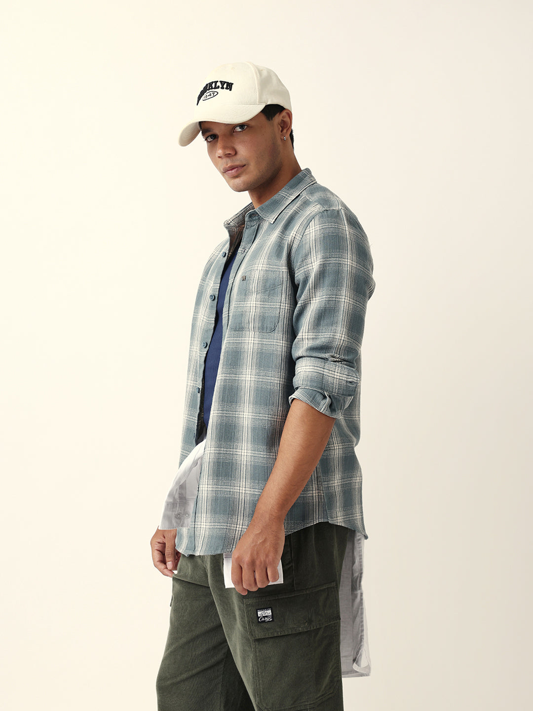 Teal Woven Checkered Slim Fit Casual Shirt