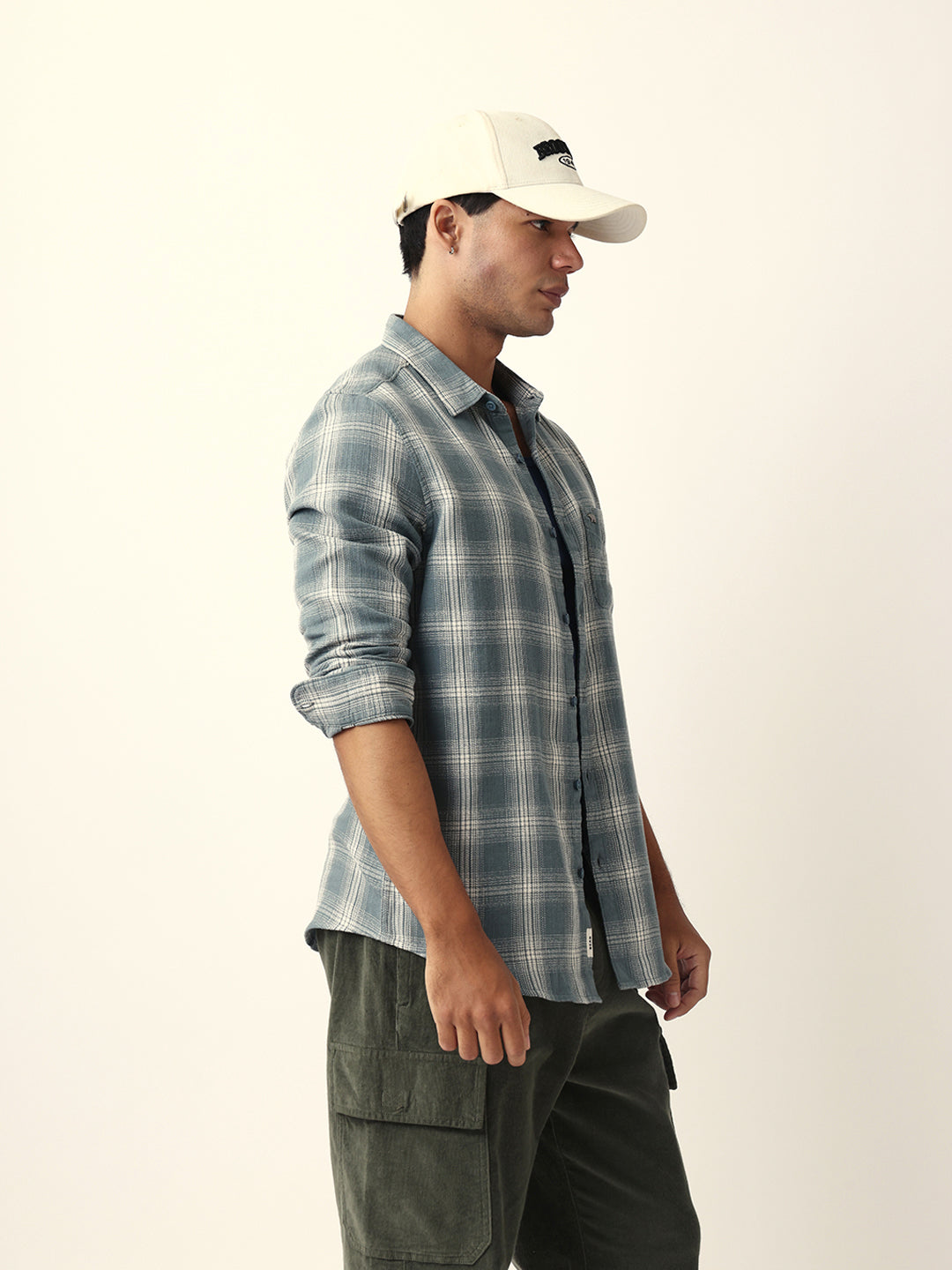 Teal Woven Checkered Slim Fit Casual Shirt