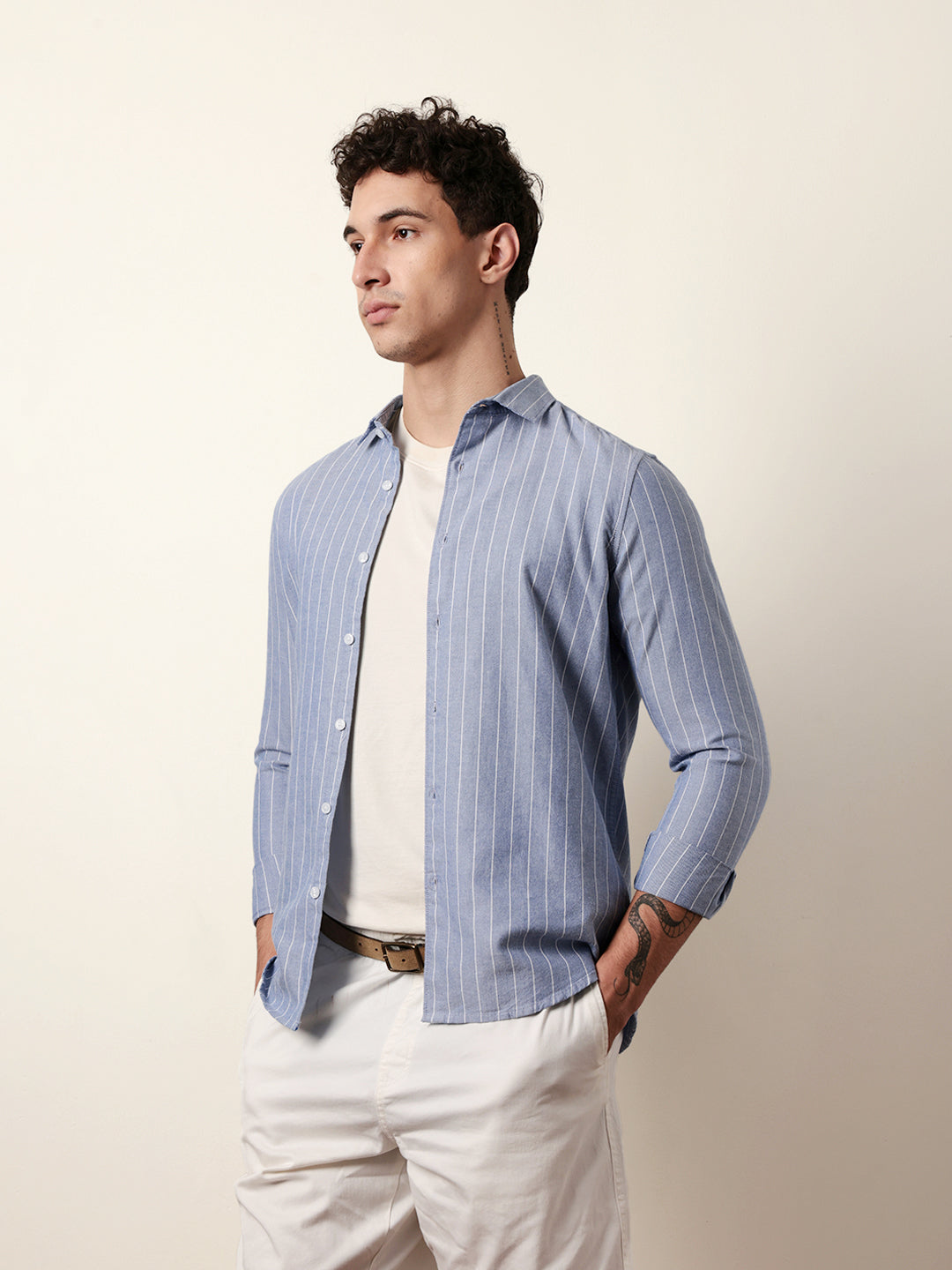 Blue Vertical Woven Stripe Slim Fit Casual Shirt