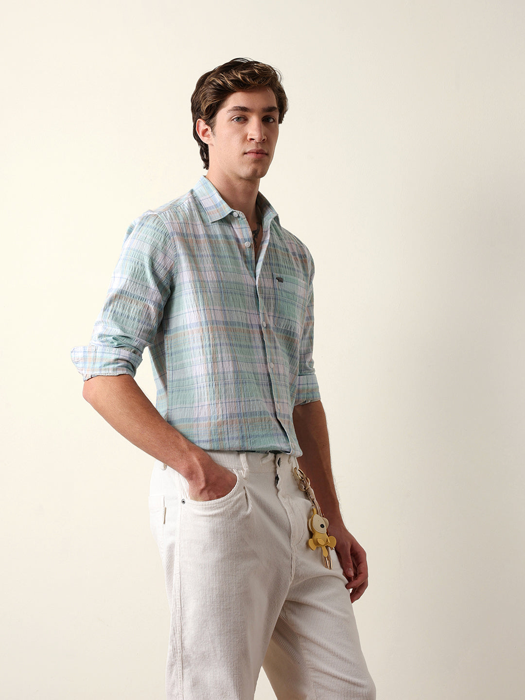 Multicolor Slim Fit Checkered Casual Shirt with Crinkle Texture