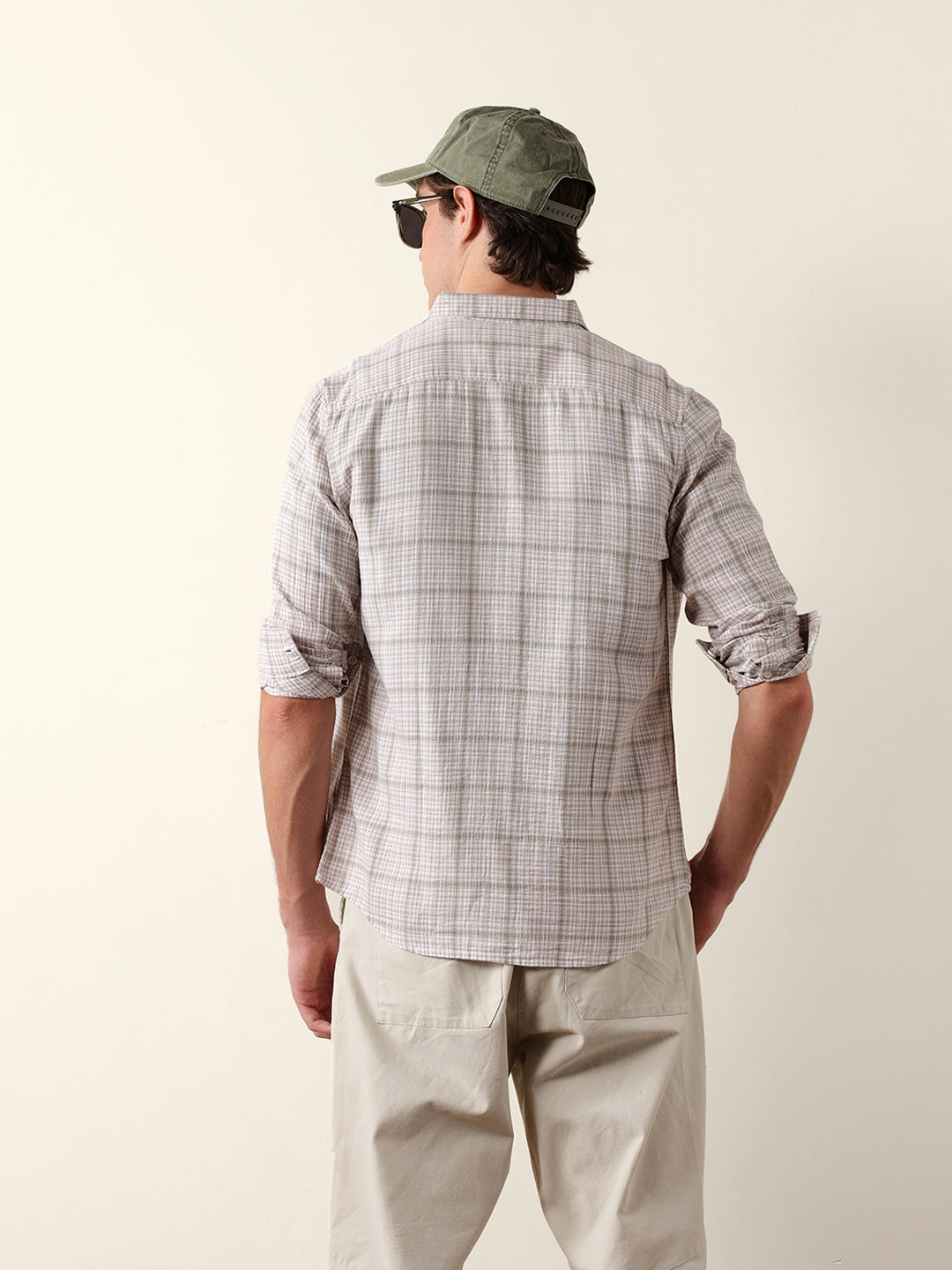 Beige Woven Micro-Checked Slim Fit Casual Shirt