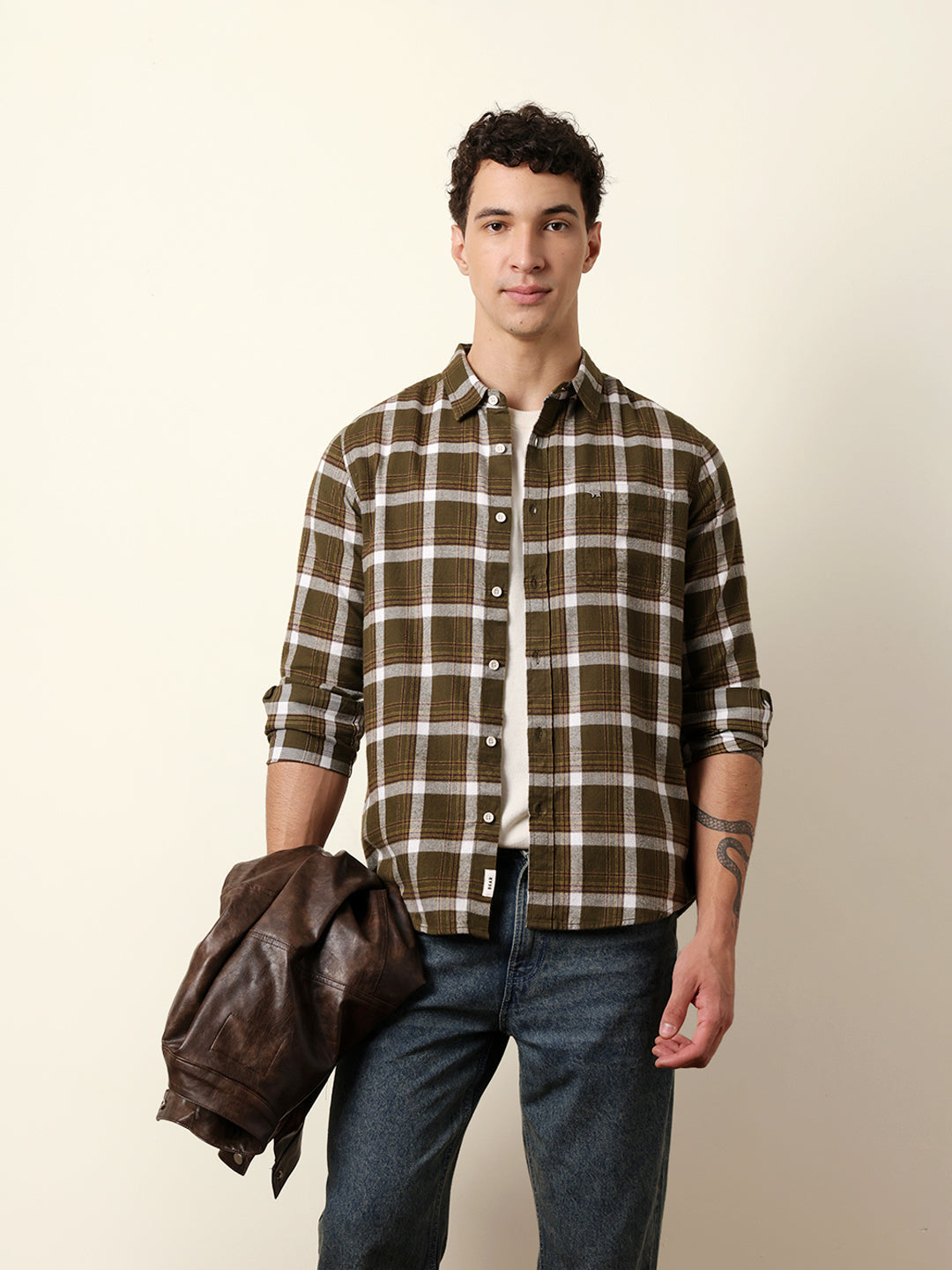 Olive Regular Fit Woven Check Flannel Casual Shirt