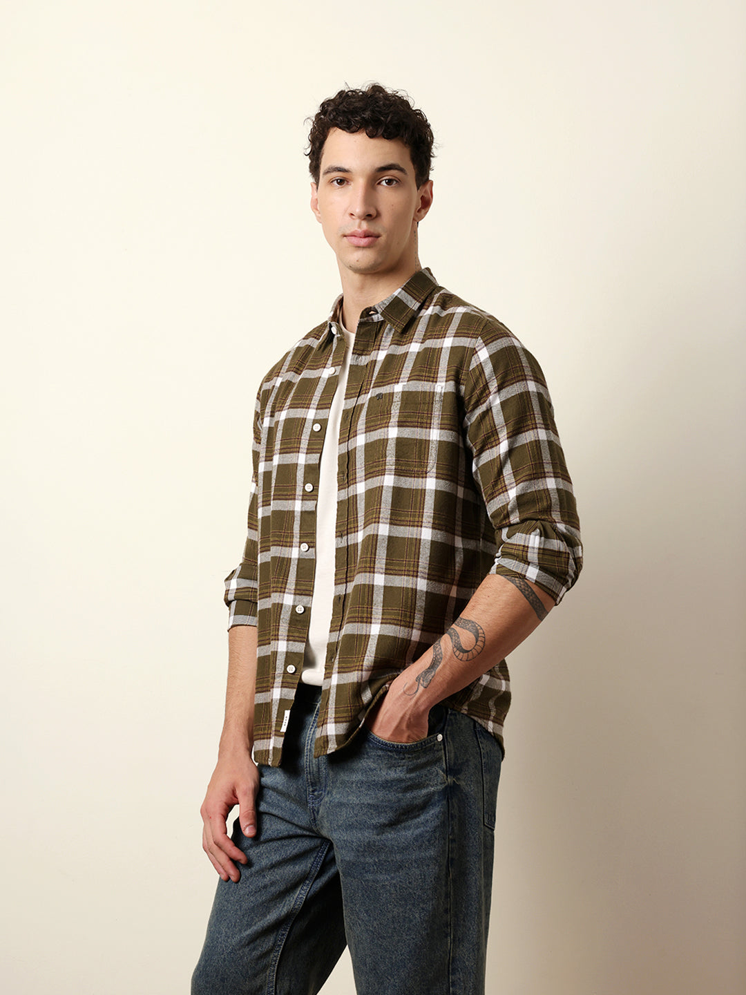 Olive Regular Fit Woven Check Flannel Casual Shirt