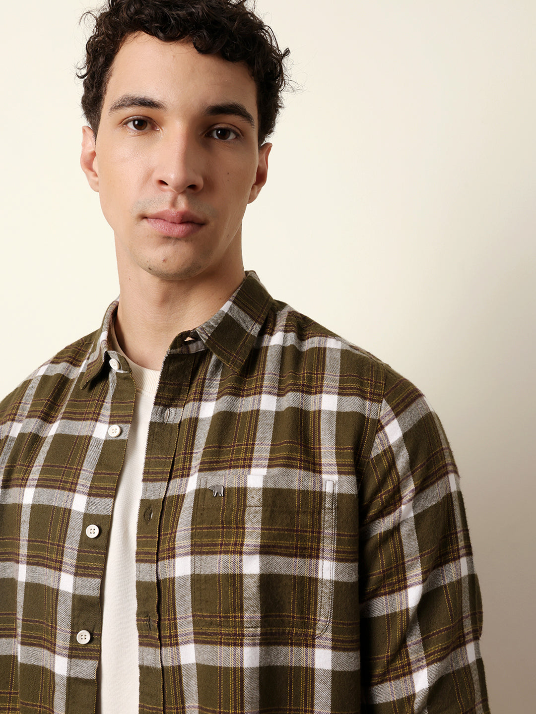Olive Regular Fit Woven Check Flannel Casual Shirt