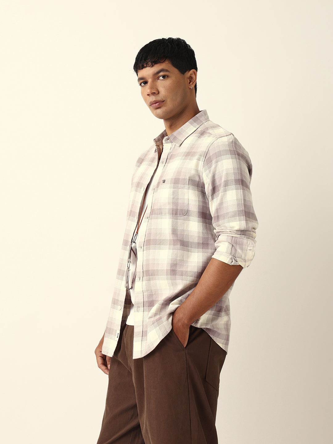 Pink with Cream Woven Checkered Slim Fit Casual Shirt